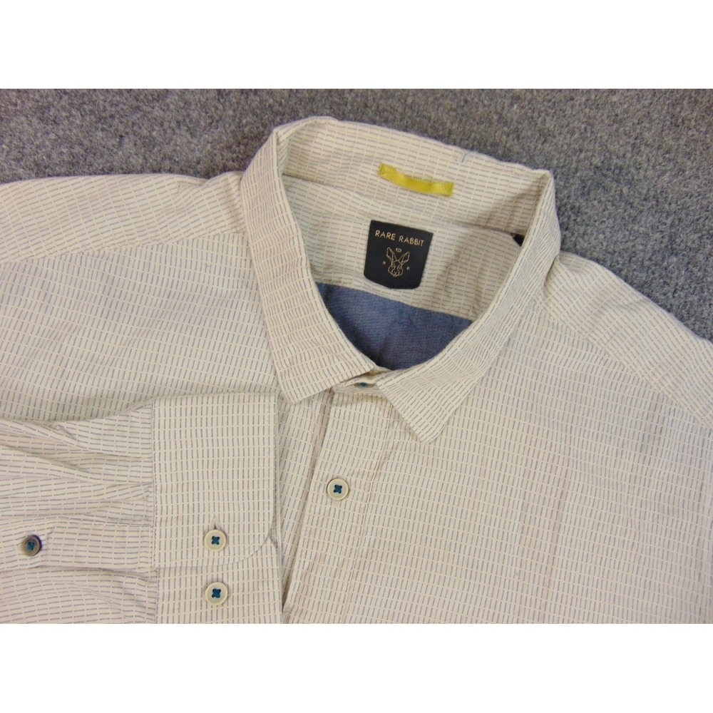 Rare Rabbit Shirt Mens Large Button Up Beige Blue Geometric Print Long Sleeve